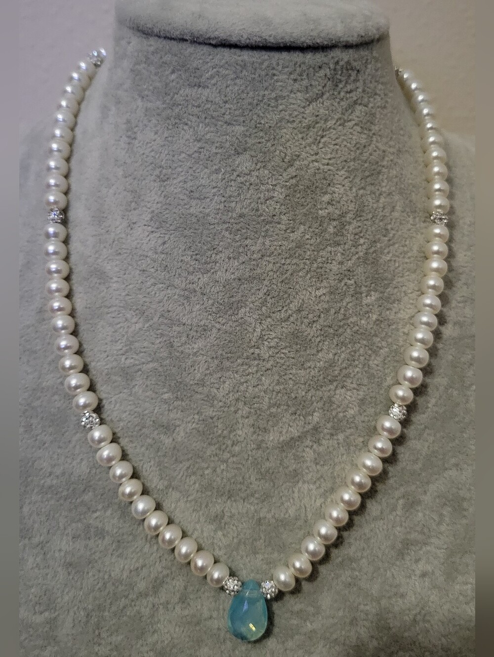 Artisan Cultured Pearl & Faceted Aqua Blue Chalcedony Pendant Necklace